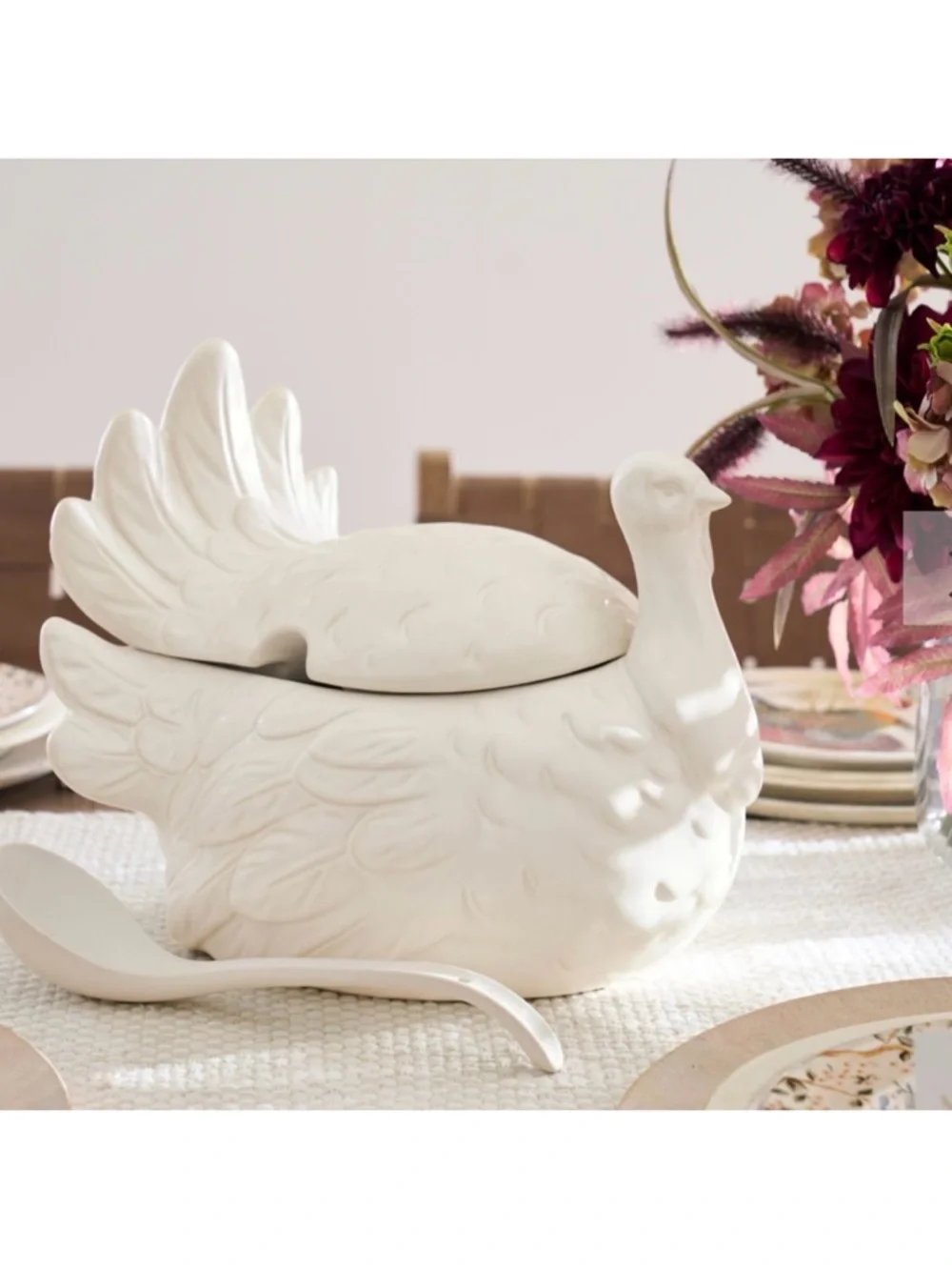 POTTERY BARN Thanksgiving Rustic Turkey Tureen w/ Ladle White & Beige NEW IN BOX